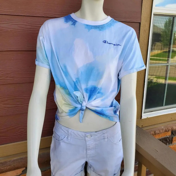 Champion Women's Tie-Front Print Tee Multi Wash Cloud Deep Forte Blue Medium - Picture 1 of 15
